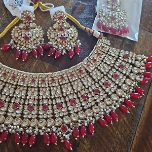 Wedding Gold and Red Jewelry Set With Earrings And Tika